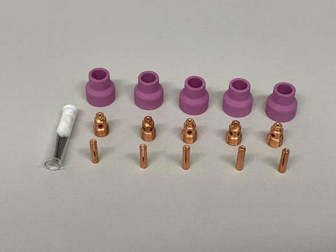 CK24332KIT 20 piece kit for 24 series TIG torch. Includes 5 cups, 5 collets, 5 collet bodies, and 5 pre-ground pieces of ceriated tungsten.